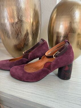 Auth Chie Mihara Plum Suede Ankle-Strap Snake Block Heel Spain Women’s EU 37